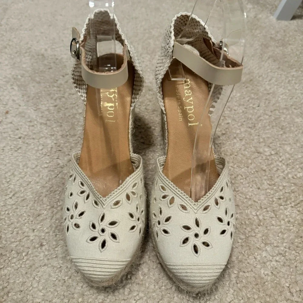 Maypol Textile Close Toe Ankle‎ Strap Espadrille Wedge Sandals size 38 Cream